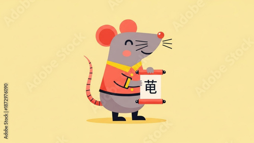 A cheerful cartoon mouse in a red and yellow outfit holding a scroll with chinese characters on a pale yellow background for new year or festive designs