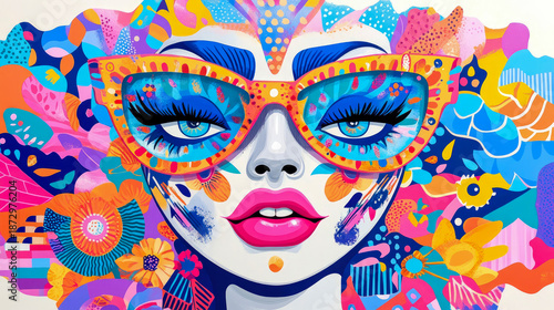 Whimsical Abstract Pop Art Portrait of Stylish Woman with Expressive Blue Eyes Behind Vibrant Decorated Glasses, Adorned with Kaleidoscope of Colorful Floral and Geometric Patterns