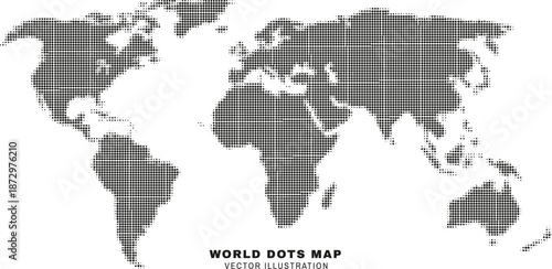 Halftone map of world. Vector illustration. Circle halftone shape of world map for apps and websites or game design.