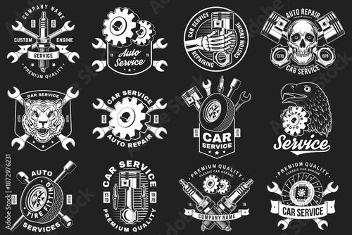 Auto service logo, emblems, badges and icons. Vector. For expert service car repair center, restoration and car club with wrench, gears, spark plug, skull, automobile tools pistons silhouette