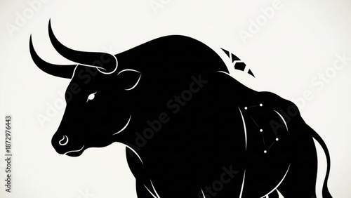 A black silhouette of a bull with a starry night sky on its back against a white background with animal and mammal and bovine and astronomy and constellation