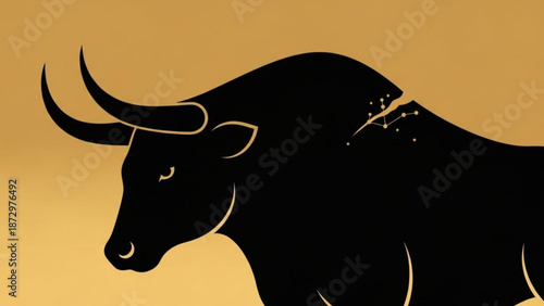 Golden background illustration of a black bull with constellation on its back with silhouette and zodiac and astrology and luxury and finance