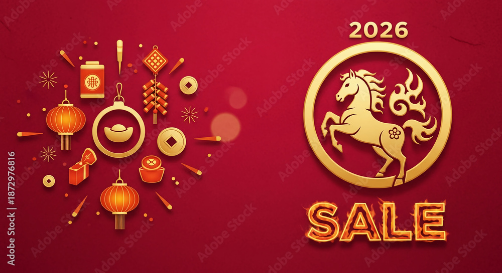 Naklejka premium Festive red background with golden elements, including a horse in a circle with 2026, representing Chinese New Year of the Horse celebration