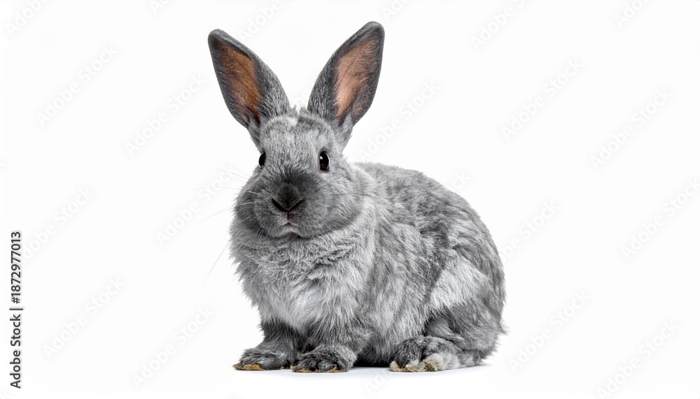 Obraz premium A fluffy grey rabbit sitting upright with large ears and a white background, showcasing its soft fur and alert expression