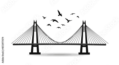 Modern Cable-Stayed Bridge with Birds Flying Overhead.