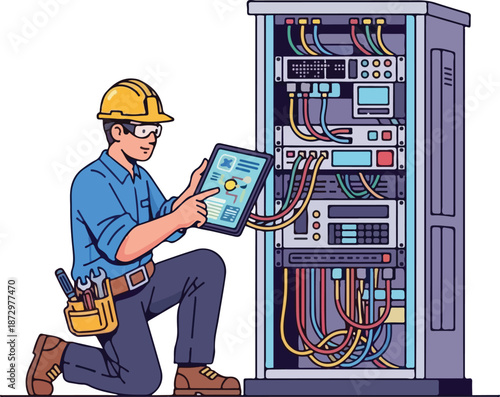 Skilled IT Technician Performing System Maintenance on a Server Rack, Utilizing a Tablet for Network Monitoring and Troubleshooting in a Data Center Environment