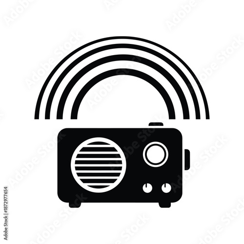Black radio icon with broadcast waves on white background signal sound