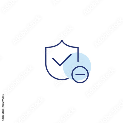 Shield, checkmark and minus. Protection disabled, insurance policy cancelled. Pixel perfect, editable stroke vector icon