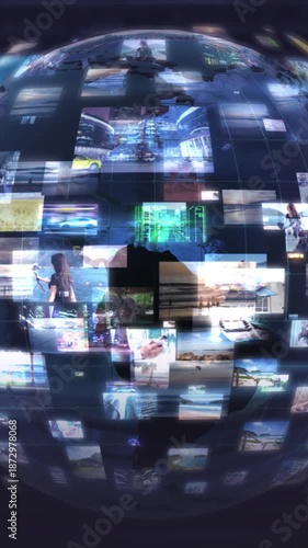 World globe displaying a grid of diverse digital media screens