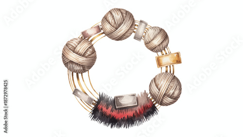 Watercolor illustration of a bracelet with beads and metal parts