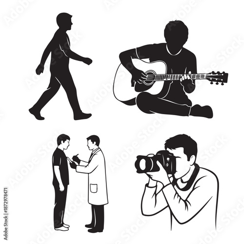 Silhouette of people with creative professions in minimalist style with simple black shapes on white background for graphic design