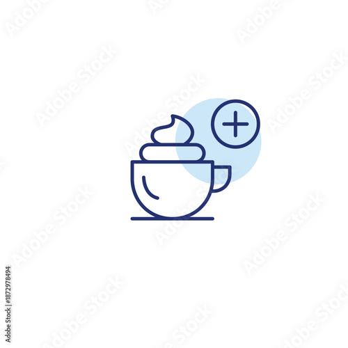 Coffee cup with whipped cream and plus symbol. Work break, caffeine boost. New positions in the menu. Pixel perfect, editable stroke vector icon