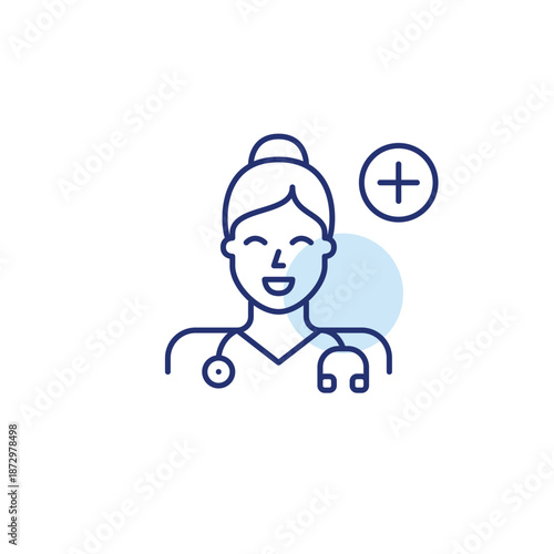 Doctor and plus symbol. Woman wearing stethoscope. New appointment, patient registration. Pixel perfect, editable stroke vector icon