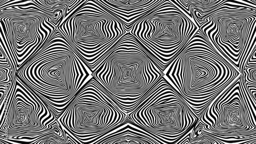Abstract black and white optical illusion pattern, wavy geometric lines forming hypnotic diamond shapes, modern op art vector background design