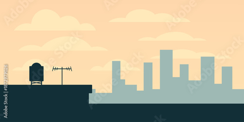 Rooftop edge illustration. Flat silhouette foreground. Antenna and water tank detail. Wide pastel sky with layered clouds. Calm urban height scene.