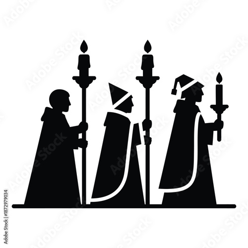 Three figures in silhouette holding candelabras with lit candles people