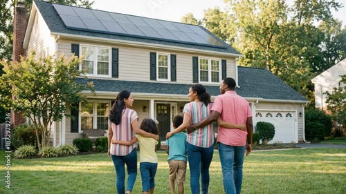 Rear view of a diverse family walking towards their home with solar panels on the roof. Parents and children embracing in the backyard. Sustainable living and renewable energy concept