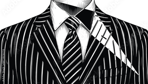 Black and white business suit illustration, elegant striped jacket and tie, formal menswear fashion concept, minimalist vintage engraving style vector art