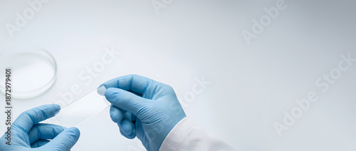 Gloved hands holding microscope slide for laboratory sample prep