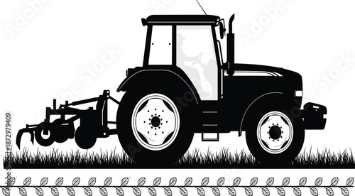 Black silhouette tractor plowing field, modern farming machine with farmer, agriculture equipment vector illustration for rural, harvest, and agribusiness design