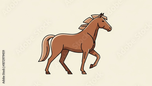 Simple brown horse illustration with flowing mane and tail on a light background with cartoon horse and simple design and equine illustration