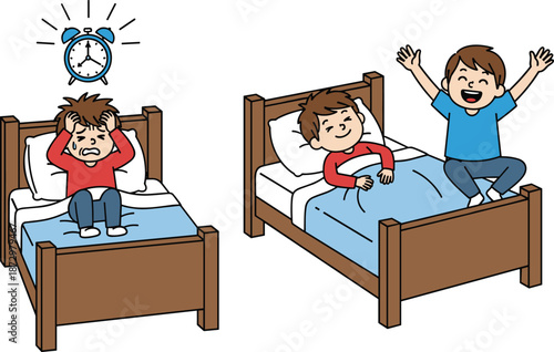 Child waking up vector illustration showing morning routine sleepy boy alarm clock bed happy kid stretching for daily life concept