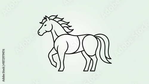 Simple black and white line drawing of a running horse with flowing mane and tail on a light green background with simple design and equine and galloping
