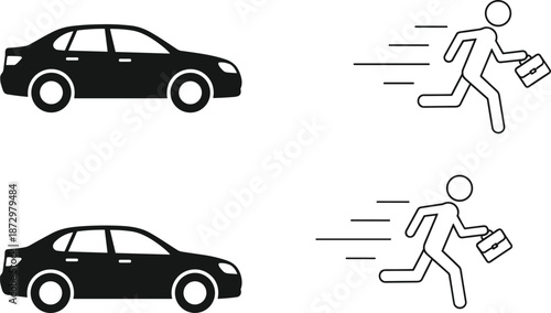Car and running businessman vector illustration, transport and hurry concept showing vehicle and office worker with briefcase in motion isolated on white