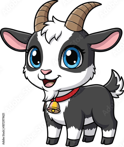 Cute baby goat cartoon vector illustration with big eyes bell collar for kids design farm animal mascot character