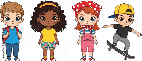 Cute kids cartoon vector set showing diverse children characters standing and skateboarding for education games books and design projects