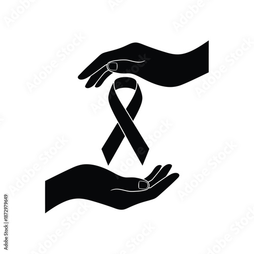 Black ribbon held by hands symbolizing support and remembrance vector