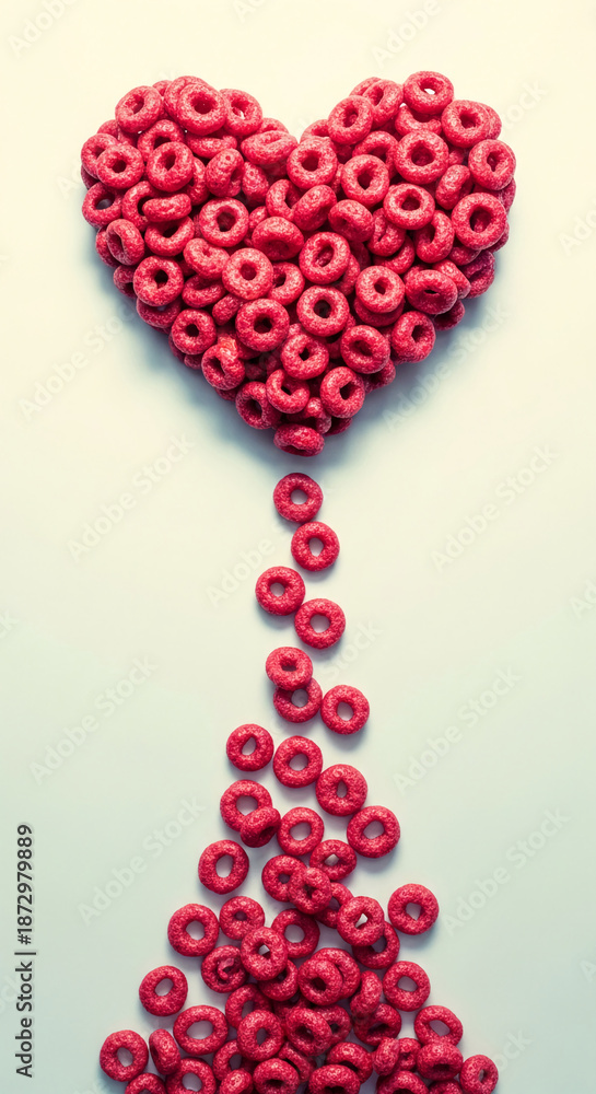 Obraz premium Red, ring-shaped cereal forms a heart shape, flowing down the frame, representing love, Valentine's Day or breakfast choice, with free space