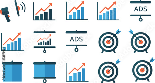 Digital marketing vector illustration set featuring ads banners growth charts analytics targets business promotion strategy icons for online advertising design