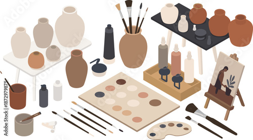 Art supplies and pottery illustration set, painting tools, ceramic vases, artist studio elements, creative workspace, flat design collection