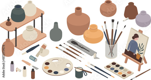 Art supplies and pottery illustration set, painting tools, ceramic vases, artist studio elements, creative workspace, flat design collection