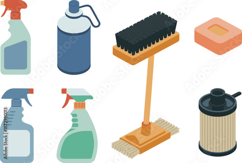Cleaning supplies and household tools icon set with spray bottles broom brush detergent container and accessories