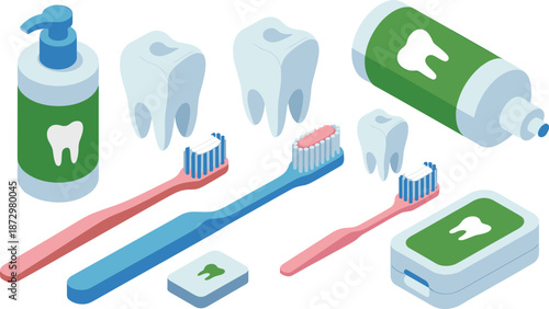 Dental hygiene icon set with toothbrush toothpaste teeth mouthwash floss soap and oral care accessories illustration