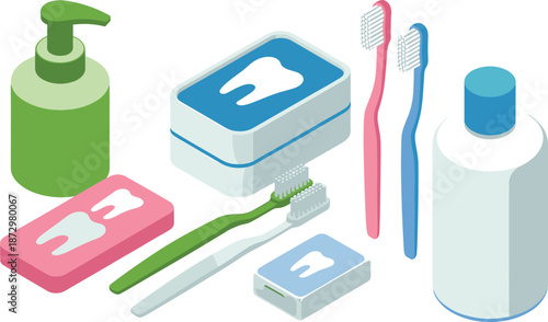 Dental hygiene icon set with toothbrush toothpaste teeth mouthwash floss soap and oral care accessories illustration