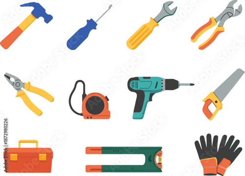 Hand tools icon set illustration, hammer screwdriver wrench pliers drill toolbox safety equipment flat vector design isolated