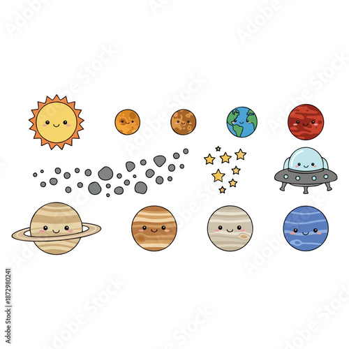 Cute cartoon illustrations of the solar system and a UFO spaceship, featuring planets, sun, and stars for children's education and fun designs