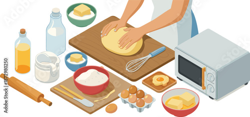 Isometric baking illustration, hands kneading dough with ingredients kitchen tools homemade pastry cooking food preparation concept