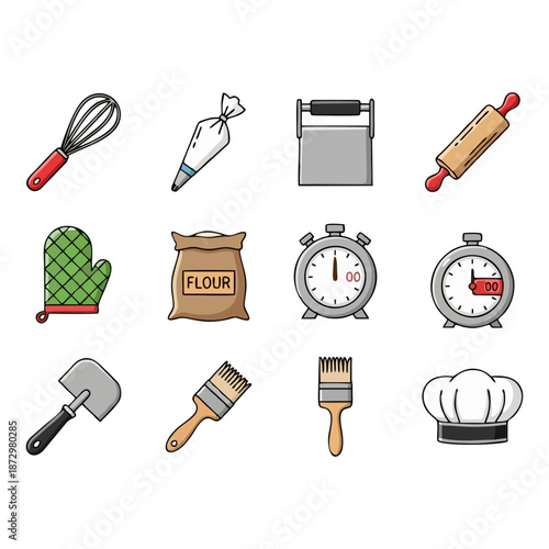 Colorful set of essential baking and cooking tools icons. Features whisks, rolling pins, flour, oven mitts, timers, and a chef's hat, ideal for culinary projects