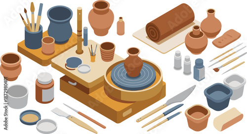 Pottery workshop illustration with ceramic wheel clay tools vases jars and handmade ceramics equipment