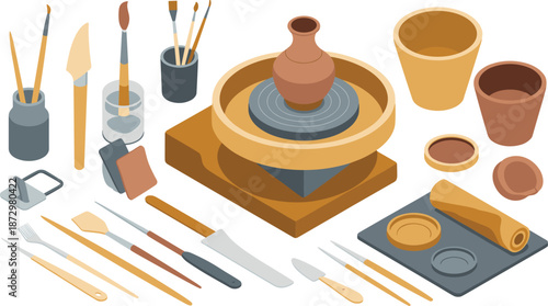 Pottery workshop illustration with ceramic wheel clay tools vases jars and handmade ceramics equipment