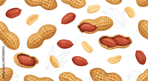 A seamless pattern of realistic peanuts in their shells and shelled kernels scattered on a white background with subtle leaf outlines for a natural look.