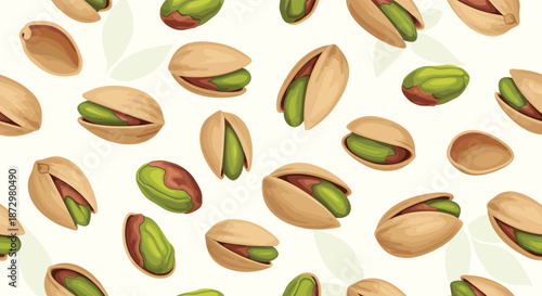 A delightful seamless pattern of roasted pistachios, both in their shells and shelled, scattered on a light background with faint leaf outlines.