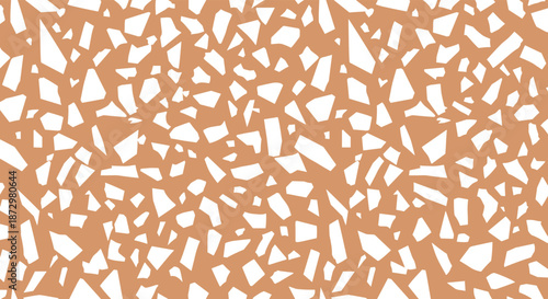 A modern and stylish terrazzo seamless pattern background, featuring abstract white chips scattered on a warm terracotta or beige-colored base for interior design.
