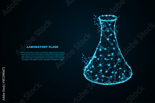 Abstract futuristic laboratory flask made of glowing blue polygonal lines and connected nodes