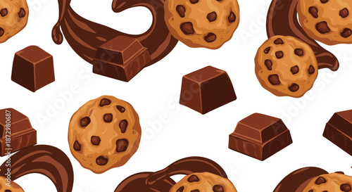 A delicious and indulgent seamless pattern of chocolate chip cookies, chocolate chunks, and swirling melted chocolate on a clean white background for dessert themes.