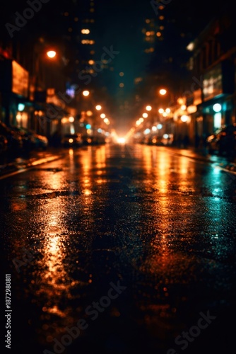 A blurry city street with rain and lights